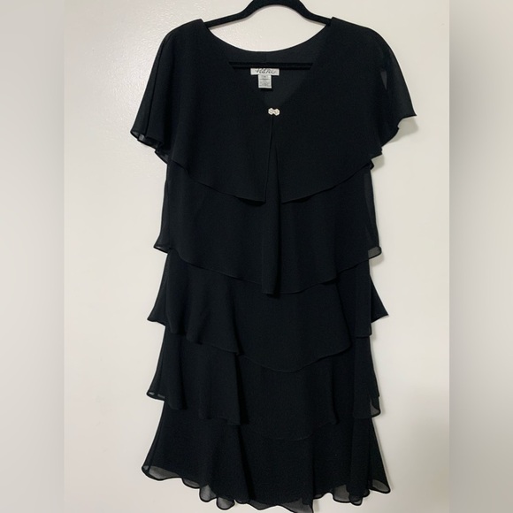 Vintage Patra Size 14 Black Flutter Tiered Evening Pull over Cocktail Dress - Picture 1 of 7